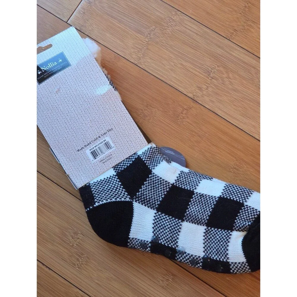 New Nollia Plush Sherpa Slipper Socks Buffalo Plaid Black White